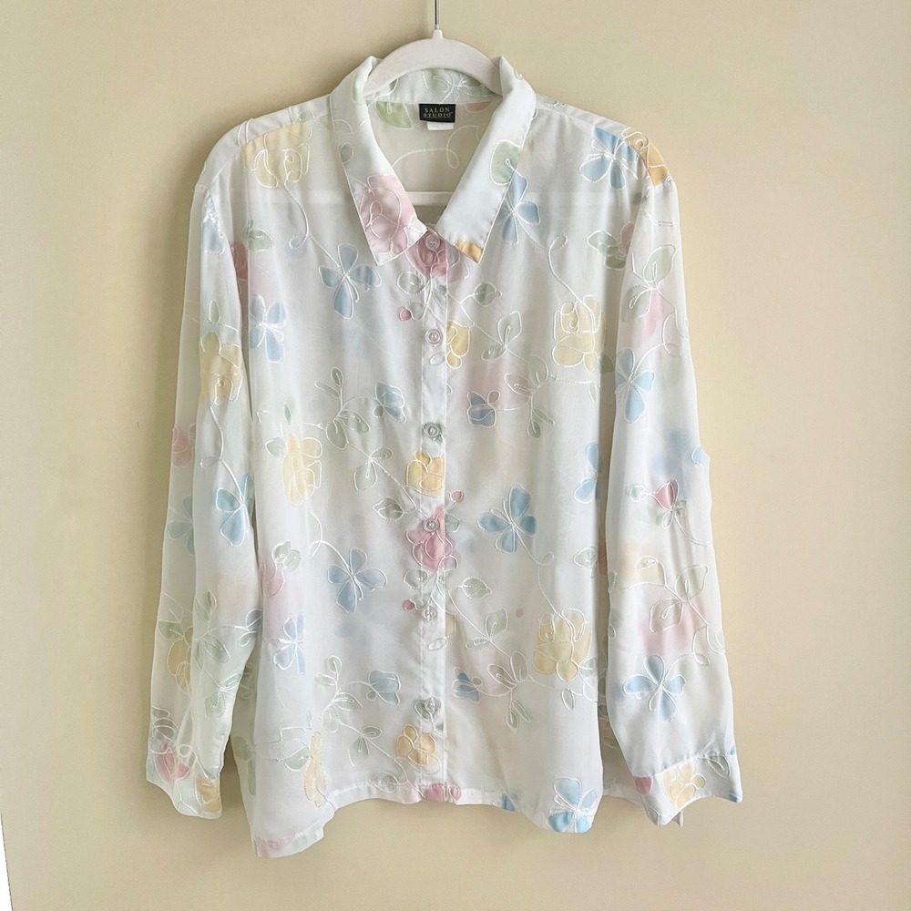 Vintage Butterfly Top Women's 2X Cream Semi Sheer Flowers Pastel Garden Party